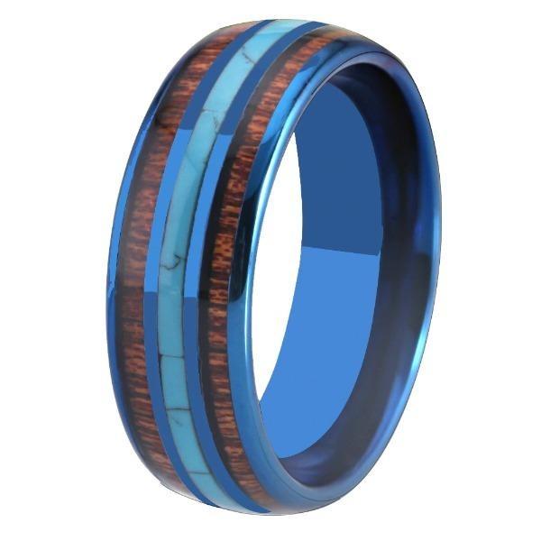 Tungsten Electric Blue Ring with Wood Inlay