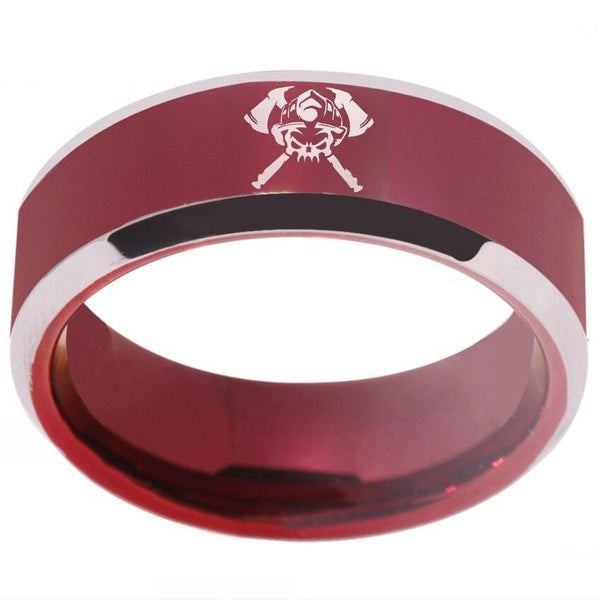 Tungsten Red Axe and Skull Ring