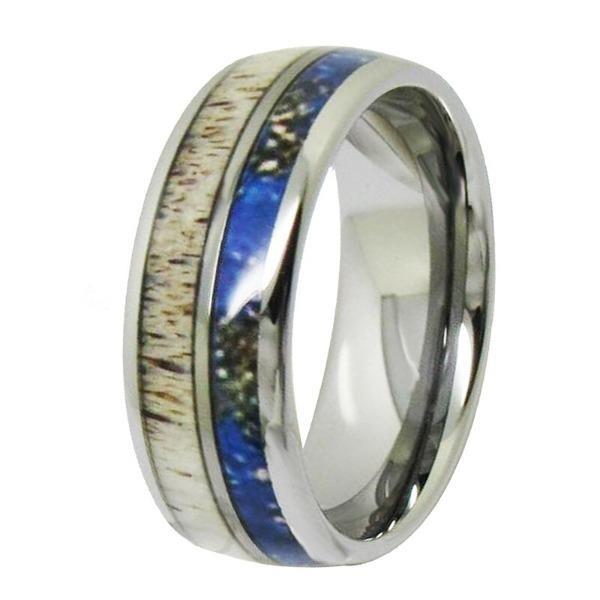 Tungsten 8mm Antler Inlay Silver Wedding Bands