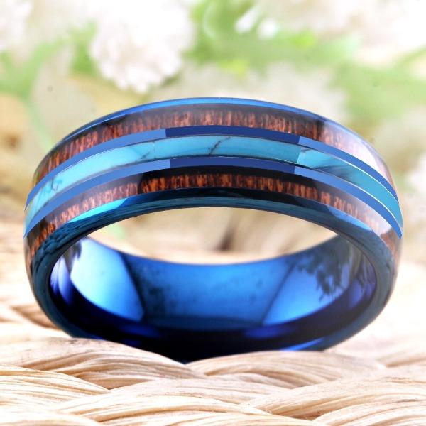 Tungsten Blue Ring with Wood Inlay
