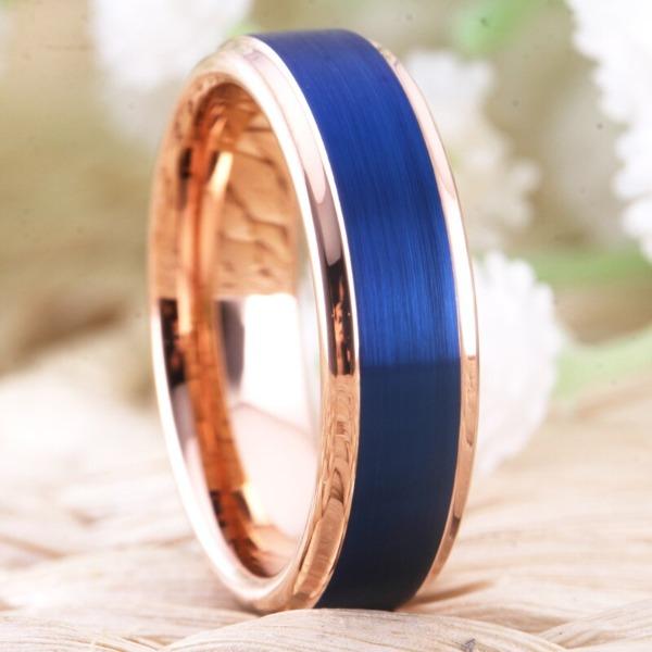 Tungsten 6mm Blue and Rose Gold Wedding Ring