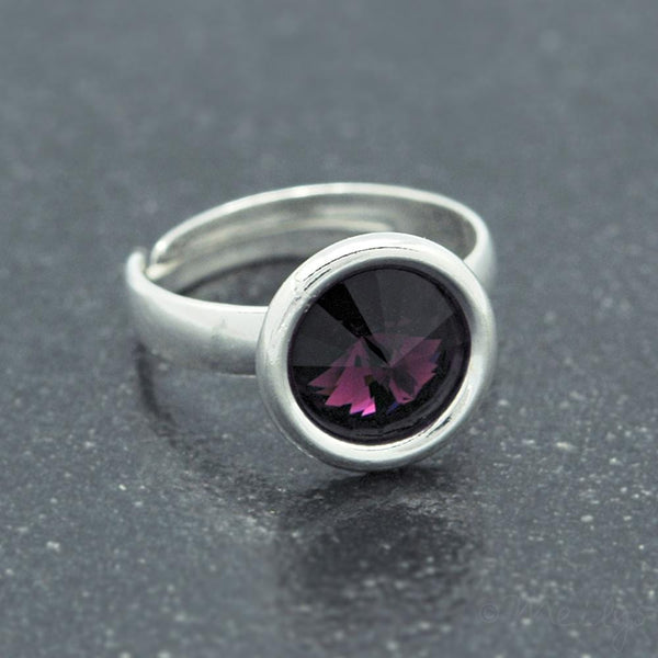 Rivoli Silver Adjustable Ring - Genuine Amethyst Swarovski Crystal