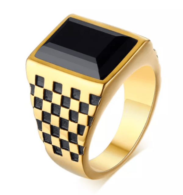 Checkerboard Black And Gold Gemstone Mens Ring