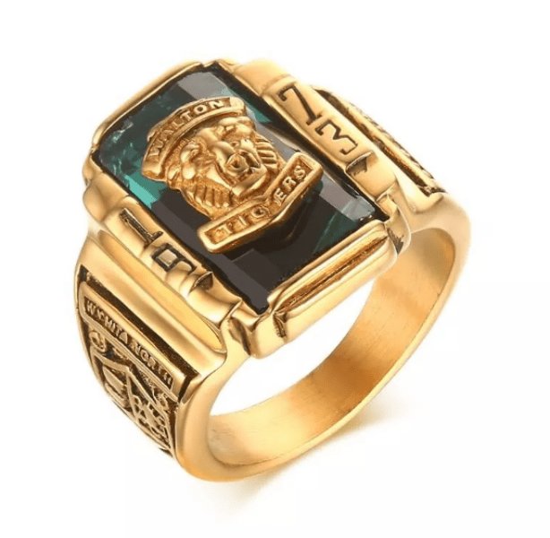 Green and Gold Lion Head Mens Ring