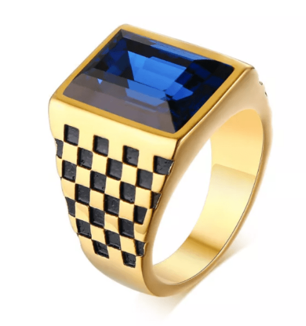 Checkerboard Blue And Gold Gemstone Mens Ring