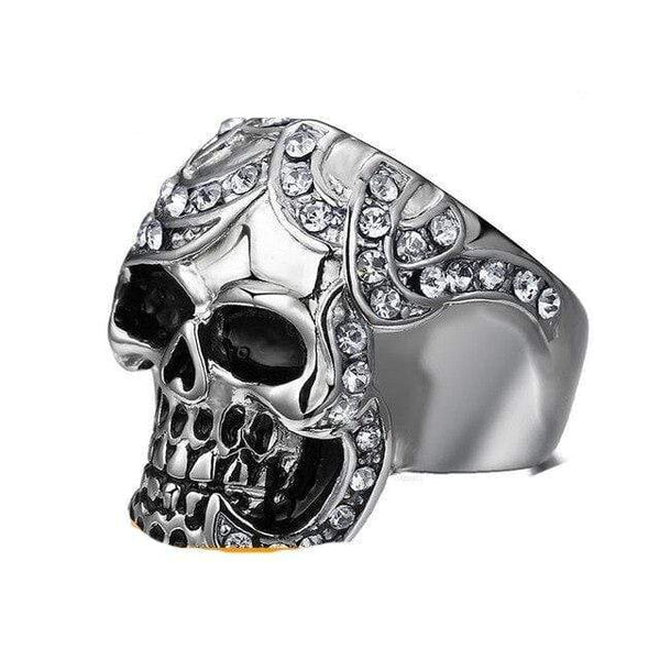 Diamante Silver Skull Mens Ring